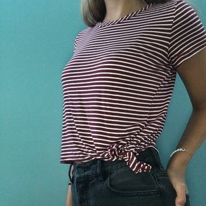 maroon and white striped side tie tee